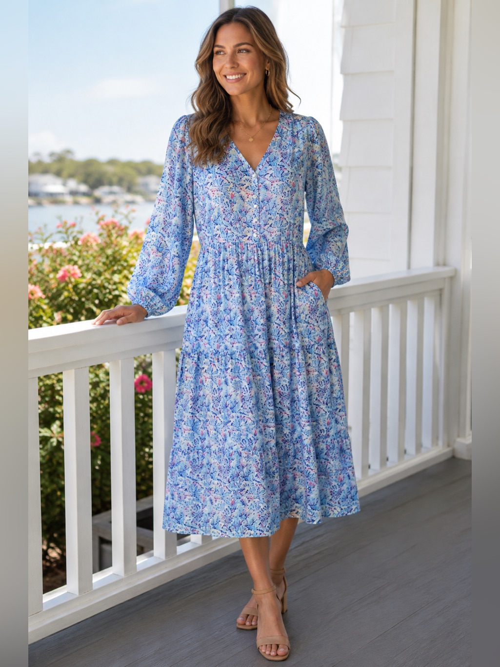 Simply Southern Long Sleeve Midi Shirt Dress Size L New